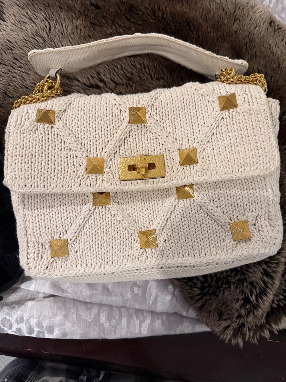 Valentino Garavani Cream Knit Shoulder Bag with Gold Studs